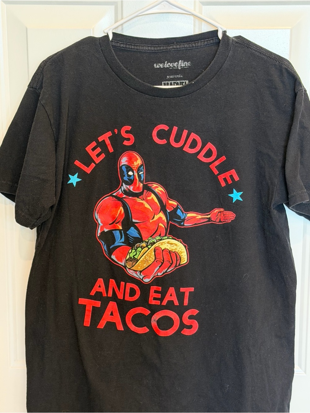 Marvel Black Tshirt with Red & Blue Superhero Taco Graphic